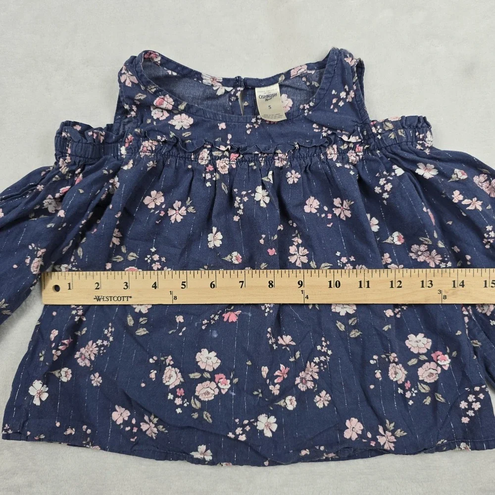 OshKosh B'gosh Girls Size 5 Navy Blue Floral Cold Shoulder Ruffle Top OSH11771